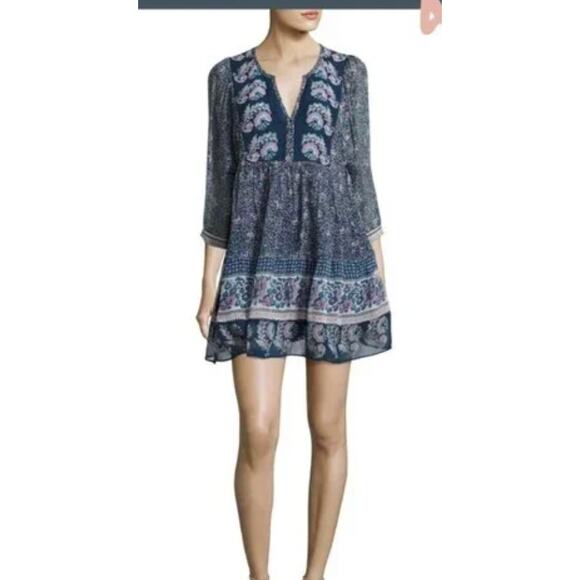 Joie Dress Womens Extra‎ Small XS Blue Purple Emlen Floral Silk Boho Peasant - Picture 3 of 10